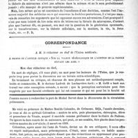 0009 - Page 5 - Bibliothèque. La théorie du mycrozyma et le système microbien, par A. Béchamp. Paris, J.-B. Baillière, 1888 / Correspondance. A M. le rédacteur en chef de l'Union médicale. A propos de l'article critique "Sur la valeur séméiologique de l'audition de la parole suivant les âges" / Feuilleton. Harvey et la circulation du sang