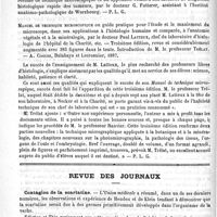 0022 - Page 18 - Bibliothèque. Traité d'histologie pathologique, par le docteur Édouard Rindfleisch..., traduit de la sixième édition allemande et annoté par Fr. Gross..., et J. Schmitt... - Paris, J.-B. Baillière et fils, 1888 / Manuel de technique microscopique ou guide pratique pour l'étude et le maniement du microscope, dans ses applications à l'histologie humaine et comparée, à l'anatomie végétale et à la minéralogie, par le docteur Paul Latteux... Introduction de M. le professeur Trélat. - A. Coccoz, Delahaye et Lecrosnier, 1887 / Revue des journaux. Contagion de la scarlatine