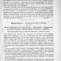 0045 - Page 41 - Traitement des fractures en général, par le docteur F. Verchère... (A suivre) / Hôpital Bichat. - Service de M. le Dr F. Terrier. Kyste multiloculaire de l'ovaire gauche. - Ovariotomie. - Suppuration des points de suture. - Abcès profond de la paroi. - Guérison. (Observation rédigée sur les notes de M. Montprofit...)