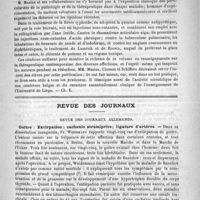 0059 - Page 55 - Bibliothèque. Annales de clinique interne, par M. Masius, MM. Closson et Shiffers. Liège, 1886 / Revue des journaux. Revue des journaux Allemands. Goitre : Extirpation ; cachexie strumiprive ; ligature d'artères (Deutsch med. Zeit., n° 80, 1886)