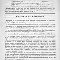 0115 - Page 107 - Thèses soutenues devant la Faculté de médecine de Bordeaux pendant l'année scolaire 1887-1888 / Formulaire. Pate contre l'eczéma. - Lassus / Nouvelles de l'étranger. Nécrologie [Arthur Farre / Sonnenkalb] / Nomination / Rapport sur l'exposition d'hygiène de Varsovie ; statistique des inoculations antirabiques en Pologne