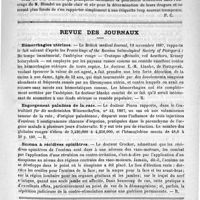 0139 - Page 131 - Bibliothèque. Manuel de matière médicale, par M. R. Blondel. - Paris, O. Doin / Revue des journaux. Hémorrhagies utérines / Engorgement paludéen de la rate / Eczéma à récidives opiniâtres / Académies et sociétés savantes. Société de chirurgie. Séance du 18 janvier
