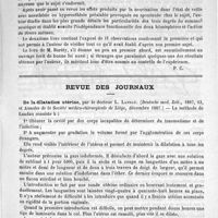 0211 - Page 203 - Bibliothèque. Le magnétisme animal étudié sous le nom de force neurique rayonnante et circulante, par le docteur A. Baréty. - Paris, O. Doin et J. Lechevallier, 1887 / Revue des journaux. De la dilatation utérine, par le docteur L. Landau (Deutsche med. Zeit., 1887, 93, et Annales de la Société médico-chirurgicale de Liège, décembre 1887.)