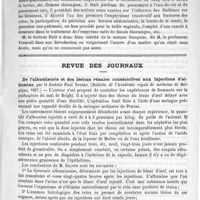 0251 - Page 243 - Bibliothèque. Oeuvres complètes de Jean Méry..., réunies et publiées par le docteur L.-H. Petit. Paris, Félix Alcan, 1888 / Revue des journaux. De l'albuminurie et des lésions rénales consécutives aux injections d'albumine, par le docteur Paul Snyers. (Bulletin de l'Académie royale de médecine de Belgique, 1887.)