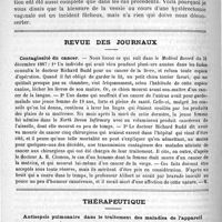 0286 - Page 278 - Fibromes utérins. - Hystérectomie vaginale. - Coma urémique, par L.-G. Richelot / Revue des journaux. Contagiosité du cancer / Thérapeutique. Antisepsie pulmonaire dans le traitement des maladies de l'appareil respiratoire et en particulier de la tuberculose pulmonaire. Par le docteur P. D.