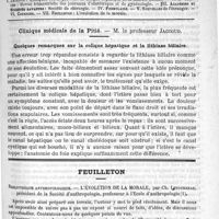 0365 - Page 357 - Comité de rédaction / Sommaire / Clinique médicale de la Pitié. - M. le professeur Jaccoud. Quelques remarques sur la colique hépatique et la lithiase biliaire / Feuilleton. Bibliothèque anthropologique. - L'évolution de la morale, par Ch. Letourneau...