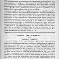 0457 - Page 449 - Bibliothèque. De l'épilepsie jacksonienne, par le docteur E. Rolland. Paris, bureaux du Progrès médical, et A. Delahaye et E. Lecrosnier, 1888 / Revue des journaux. Journaux Allemands. Aprosexie d'origine nasale. (Wien, med. Blaett., 1887, n° 50)