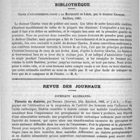 0492 - Page 484 - Leçon d'ouverture du cours de pathologie et de thérapeutique générales. Par le professeur Ch. Bouchard / Bibliothèque. Cours d'accouchements donné à la maternité de Liège, par le docteur Charles, Baillière, 1887 / Revue des journaux. Journaux Allemands. Théorie du diabète, par Ebstein. (Internat, klin. Ründsch, 1888, n° 5 et 6)