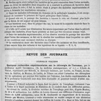 0529 - Page 517 - Bibliothèque. Recherches cliniques et expérimentales sur le passage des bactéries dans l'urine, par le docteur A. Berlioz... - Paris, O. Doin, 1887 / Revue des journaux. Journaux Italiens. Quelques recherches expérimentales sur la chirurgie de l'estomac, par le professeur André Ceccherelli. (In La medicina contemporanea, n° 1)