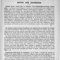 0569 - Page 557 - Bibliothèque. Livre jubilaire de la Société de médecine d'Anvers à l'occasion du cinquantième anniversaire de sa fondation. - Anvers, 1887 / Revue des journaux. Anémie grave causée par la présence d'un bothriacéphalus latus (taenia lata) / Du calomel comme moyen d'empêcher les cicatrices de la variole au visage (The med. Rec., 21 janvier 1888) / Amygdalite folliculaire et contagion, par P. Tissier. (Annales des maladies de l'oreille et du larynx, 1888, 2)