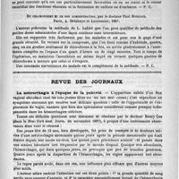 0607 - Page 591 - Bibliothèque. Contribution à l'étude de la taille hypogastrique, par le docteur, F.-P. Guiard. Paris, Chamerot, 1887 / Du chloroforme et de son administration, par le docteur Paul Boncour. Paris, A. Delahaye et Lecrosnier, 1887 / Revue des journaux. La métrorrhagie à l'époque de la puberté / Troubles utérins chez les morphiomanes