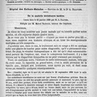 0613 - Page 597 - Comité de rédaction / Sommaire / Hôpital des Enfants-Malades. - Service de M. le Dr A. Ollivier. De la syphilis héréditaire tardive. Leçon faite le 23 janvier 1888 par M. A. Ollivier, rédigée par M. Marcel Baudoun...
