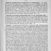 0715 - Page 699 - Bibliothèque. Étude médico-légale sur les blessures produites par les accidents de chemin de fer, par le docteur Ch. Vibert. - Paris, J.-B. Baillière, 1888 / Revue des journaux. Emploi de la quinine dans le traitement de la blennorrhagie (New-York medical Abstract, décembre, 1887) / Injections sous-cutanées d'ammoniaque dans les cas d'alcoolisme aigu (The med. Rec., 21 janv. 1888) / Stérilité / Grossesse