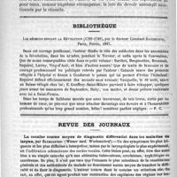 0752 - Page 736 - Opération césarienne. - Guérison. Observation lue à la Société de médecine de Paris, dans la séance du 24 mars 1888, par le docteur Pintaud-Désallées... / Bibliothèque. Les médecins pendant la révolution (1789-1799), par le docteur Constant Saucerotte, Paris, Perrin, 1887 / Revue des journaux. La cocaïne comme moyen de diagnostic différentiel dans les maladies du larynx, par Baumgarten. (Wiener med. Wochenschrif) / Traitement des kystes à échinocoques