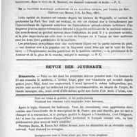 0759 - Page 743 - Bibliothèque. Maladies de l'appareil digestif, leçons faites à la Faculté de médecine de Montpellier, par L. Baumel. - Montpellier, C. Coulet ; Paris, A. Delahaye et E. Lecrosnier ; 1888 / De la fracture marginale antérieure de la malléole interne, par Lucien Le Roy. Châlons-sur-Marne, J.-L. Le Roy, 1887 / Revue des journaux. Hématurie / Feuilleton. Causerie