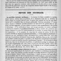 0860 - Page 844 - Bibliothèque. Les blessures de l'oeil au double point de vue des expertises judiciaires et de la pratique médicale, par le docteur Grandclément. Lyon et Paris, A. Storck, 1888 / Revue des journaux. La pyridine excitant cardiaque (The therap. Gaz., février 1888) / De la strychnine comme stimulant du coeur (The medical Record, 18 février 1888) / Traitement des kystes hydatiques