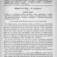 0865 - Page 849 - Comité de rédaction / Sommaire / Hôpital de la Pitié. - M. Lancereaux. Lithiase rénale. Ses effets et ses complications (coliques néphrétiques, anurie, hydronéphrose et néphrite interstitielle, suppuration du rein, abcès de voisinage, perforations diverses). - Évolution ; diagnostic et pronostic. - Étiologie et pathogénie. - Indications thérapeutiques ; traitement général et local. Leçon recueillie par M. Oettinger...