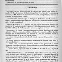 0900 - Page 884 - Académies et sociétés savantes. Société de médecine de Paris. Séance du 26 mai 1888 / Courrier / Hôpitaux de Bordeaux / Nécrologie [François de Chaumont / Félizet, de Maizières-la-Grande (Aube) / Roquenvil (de Saint-Quentin) / Gestin, de Quitignon (Finistère) / Prunier] / Société de médecine légale