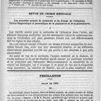 0949 - Page 933 - Comité de rédaction / Sommaire / Revue de chimie médicale. Les procédés actuels de recherche et de dosage de l'albumine. Valeur diagnostique et pronostique de la peptonurie et de la globulinurie / Feuilleton. Salon de 1888