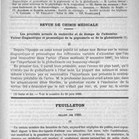 0973 - Page 957 - Comité de rédaction / Sommaire / Revue de chimie médicale. Les procédés actuels de recherche et de dosage de l'albumine. Valeur diagnostique et pronostique de la peptonurie et de la globulinurie / Feuilleton. Salon de 1888