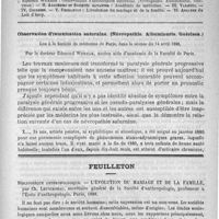 0985 - Page 969 - Comité de rédaction / Sommaire / Observation d'intoxication saturnine. (Névropathie. Albuminurie. Guérison.) Lue à la Société de médecine de Paris, dans la séance du 14 avril 1888, par le docteur Edmond Wickham... / Feuilleton. Bibliothèque anthropologique. - L'évolution du mariage et de la famille, par Ch. Letourneau... Paris, 1888