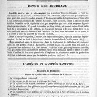 0024 - Page 20 - Bibliothèque. Manuel d'hygiène militaire et des premiers secours, par le Dr Charles Viry... - Paris, Delahaye et Lecrosnier... [Dr P. Bouloumié] / Revue des journaux. Surdité guérie par la pilocarpine, par le Docteur Corrado Corradi (Annales des maladies de l'oreille, mars 1888) / Académies et sociétés savantes. Académie de médecine. Séance du 3 juillet 1888