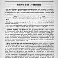 0081 - Page 77 - Bibliothèque. Traité clinique des maladies mentales, par le Docteur H. Schule ; 3e édition traduite par les Docteurs J. Dagonet et Duhamel, revue et augmentée par l'auteur - Paris, A. Delahaye et E. Lecrosnier, 1888 / Revue des journaux. Sur le traitement médicamenteux du carcinome, par le Docteur Strobinder (Deutch. med. Wochenschrift, 1888, 3, et Revue de thérap., 1888, 5) / Lavement purgatif à la glycérine, par le Docteur Arnocker (Courrier médical, 1888) / L'acide lactique dans les suppurations de l'oreille, par le Docteur P. Aysaguer (Revue mensuelle de laryngologie, 1888, 1)