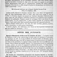 0227 - Page 223 - Bibliothèque. Traité de pharmacologie, de thérapeutique et de matière médicale, par Lauder Brunton traduit de l'anglais par L. Deniau et L. Lauwers / Des névralgies vésicales, par le Docteur Maxime Chaleix-Vivie. paris, J.-B. Baillière, 1888 / Revue des journaux. extrait d'Helleborus viridis dans les maladies du coeur (The therapeutie Gazette, 15 mai 1888) / De l'action sur l'ampliation pulmonaire des douches chaudes et des frictions sur le thorax (Annales de médecine thermale, 5 juin 1888)