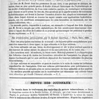 0237 - Page 233 - Pansements au papier. Communication faire à la Société de médecine de Paris dans la séance du 14 avril 1888, par le Docteur Bedoin... / Bibliothèque. Traité pratique et clinique d'hydrothérapie, par E. Duval, préface par M. le Professeur Peter. - Paris, J.-B. Baillière, 1888 / Des hypertrophies amygdaliennes, par le Docteur Chauveau. - Paris, Davy, 1888 / Revue des journaux. Le tannin dans le traitement des maladies de nature tuberculeuse (The therapeutic Gazette, 15 juin 1888)