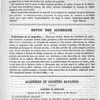 0265 - Page 261 - Revue de thérapeutique. Les médicaments cholagogues. - Le traitement du choléra [Paul Chéron] / Revue des journaux ; Traitement de la migraine (The therapeutic Gazette, 16 juillet 1888) / Académies et sociétés savantes. Académie de médecine. Séance du 21 août 1888
