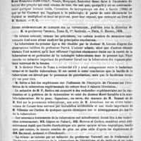 0273 - Page 269 - Bibliothèque. Histoire des progrès de la laryngologie, de ses origines jusqu'à nos jours, par Gordon-Holmès. - Bruxelles, Manceaux, 1887 / Etudes expérimentales et cliniques sur la tuberculose, publiées sous la direction de M. le Professeur Verneuil... - Paris, G. Masson, 1888 / Revue des journaux. L'ophthalmologie externe et les paralysies des nerfs moteurs bulbaires dans leurs rapports avec le goitre exophthalmique et l'hystérie (Revue de médecine, mai et juillet 1888)