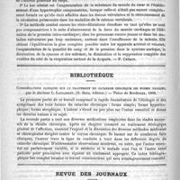 0398 - Page 394 - Revue de thérapeutique. Des maladies chroniques du coeur et de leur traitement par la méthode d'Oertel... [P. Chéron] / Bibliothèque. Considérations cliniques sur le traitement du catarrhe chronique des fosses nasales, par le Docteur L. Lacoarret. (O. Doin...) ..., 1888 / Revue des journaux. Paraldéhyde dans le traitement des vomissements incoercibles