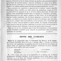 0431 - Page 427 - Hôpital du Midi. - M. le Docteur Du Castel. Blennorrhée et spermatorrhée. Traitement local dans la blennorrhagie aiguë et dans la blennorrhagie chronique (A suivre) / Revue des journaux. Emploi de la papayotine dans le traitement des fissures de la langue, par le Docteur Schwimmer. (Revue de th. gén. et thermale, 1888) / Moyen de corriger la saveur amère de la quinine, par le Docteur Hugo Engel. (Gazeta medica de Grenoda et Répertoire de pharmacie, juin 1888)