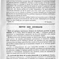 0453 - Page 449 - Correspondance. Sur l'origine équine du tétanos / Revue des journaux. Etude sur quelques équivalents cliniques de l'épilepsie partielle ou jacksoniene, par A. Pitres. (Revue de médecine, août 1888) / Du traitement des abcès du poumon consécutifs à la pneumonie franche, par P. Spillmann et Haushalter (Revue de médecine, août 1888)