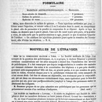 0458 - Page 454 - Sociétés savantes des départements. Société des sciences médicales de Lyon (Deuxième semestre 1887) / Formulaire. Injection antiblennorrhagique. - Hamonic / Nouvelles de l'étranger. Abus de la consultation gratuite à Liège (Bull. méd.) / Les sociétés de tempérance à Londres (Bull. méd.) / Courrier. Organisation du concours pour les places de médecin adjoint des asiles publics d'aliénés