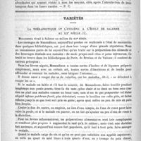 0468 - Page 464 - Revue des journaux. Sur le traitement abortif de la syphilis, par le Docteur L. Mannino. (Giornale ital. delle mal. veneree, 1887, fasc. 2, et Revue de thérap. gén. et thermale) / Le traitement de l'épistaxis par l'essence de térébenthine, par le Docteur Ernye. (Wiener med. Blaetter, 1888, 13) / Variétés. La thérapeutique et l'hygiène à l'acole de Salerne au XIIe siècle