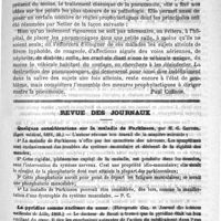 0501 - Page 497 - La pneumonie grippale et la contagion de la pneumonie [Palu Chéron] / Revue des journaux. Quelques considérations sur la maladie de Parkinson, par M. G. Gautier. (Lyon médical, 1888, 36) / La pyridine comme excitant du coeur. (Therapeutic Gaz. et Journal des sciences médicales de Lille, 1888)