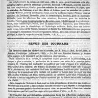 0513 - Page 509 - Bibliothèque. L'année médicale (dixième année), 1887. - Paris, Bureaux du Progrès médical et Lecrosnier et Babé, 1888 / Revue des journaux. De l'éserine dans les ulcères de la cornée, pr H. Harlan (Med. Record, 1888, et Annales d'oculistique, juillet-août 1888) / De l'emploi des pulvérisations phéniques dans les affections palpébrales, par Sédan (Recueil d'ophthalmologie, 1888) / Récents progrès en gynécologie, par le Docteur Saint-Moulin (La clinique, 1888, 39)
