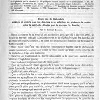 0569 - Page 565 - Comité de rédaction / Sommaire / Deux cas de diphthérie soignés et guéris par les douches à la solution de phénate de soude selon la méthode décrite par le Docteur L. Roulin, par le Docteur Barrois