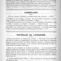 0590 - Page 586 - Académies et sociétés savantes. Académie de médecine. Séance du 23 octobre 1888 / Formulaire. Potions contre l'entérite cholériforme des enfants. - Cayla / Nouvelles de l'étranger. Abolition des hôpitaux de syphilitiques en Italie / L'impôt sur les instruments de chirurgie en Amérique / La médecine homoeopathique à Berlin