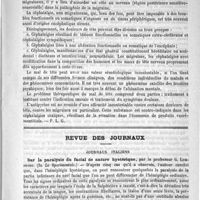 0753 - Page 749 - Bibliothèque. Essai sur le mal de tête, par le Docteur Joannes Chaumier... J.-B. Baillière, 1888 / Revue des journaux. Journaux italiens. Sur la paralysie du facial de nature hystérique, par le Professeur G. Lumbroso. (In Lo Sperimentale) / La chorée laryngée, par le Professeur Tamburini. (In Archivi ital. di laringologia)