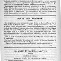 0914 - Page 910 - Bibliothèque. Traité des maladies des fosses nasales, des sinus et du pharynx nasal, par Maldenhauer, traduit par Potiquet. - Asselin et Houzeau, Paris, 1888 [Dr Henry] / Revue des journaux. Le strophantus comme antipyréique, par Rovigli et Martini. (Therap. Gaz. et Journ. de méd. de ruxelles, 1888) / Académies et sociétés savantes. Académie de médecine. Séance du 18 décembre 1888
