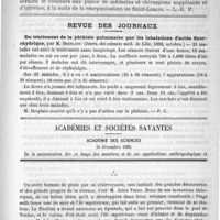 0919 - Page 915 - Bulletin / Revue des journaux. Du traitement de la phthisie pulmonaire par les inhalations d'acide fluorrhydrique, par M. Desplats. (Journ. des sciences méd. de Lille, 1888, octobre) / Académies et sociétés savantes. Académie des sciences. 10 décembre 1888 / Feuilleton. Causerie. La pleurésie phthisiogène de Germinie Lacerteux. - Confirmation par les faits d'idées extraordinaires. - Encore d'autres factums charlatanesques