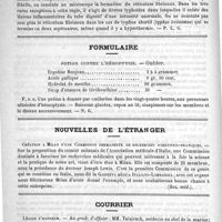 0038 - Page 34 - Académies et sociétés savantes. Société médicale des hôpitaux. Séance du 28 décembre 1888 / Formulaire. Potion contre l'hémoptysie. - Gubler / Nouvelles de l'étranger. Création à Milan d'une commission permanente de recherches scientifico-pratiques / Courrier. Légion d'honneur