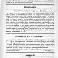 0123 - Page 119 - Thèses présentés à la Faculté de médecine de Lyon pendant les mois de novembre et décembre 1888 / Formulaire. Pansement des ulcères variqueux. - Desplats / Nouvelles de l'étranger. Le surmenage en Angleterre / Courrier. Concours de l'internat