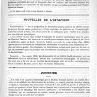 0147 - Page 143 - Académies et sociétés savantes. Société de médecine de Paris. Séance du 12 janvier 1889 / Nouvelles de l'étranger. Constantinople / Lisbonne / Courrier