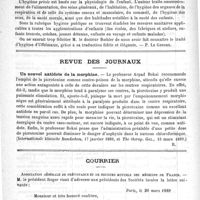 0542 - Page 538 - Bibliothèque. Traité pratique d'hygiène de l'enfance, par J.Uffelmann, traduit par G. Boehler... G. Steinheil..., 1889 [P. Le Gendre] / Revue des journaux. Un nouvel antidote de la morphine (Internationale klinische Rundschau, 17 janvier 1889, et The therap. Gaz., 15 mars 1889) / Courrier. Association générale de prévoyance et de secours mutuels des médecins de France