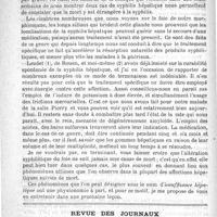 0550 - Page 546 - Hôpital de la Pitié. - M. Lancereaux. Syphilis hépatique. Leçon recueillie par M. G. Bouisson / Revue des journaux. Sur le traitement des tuberculoses locales par les solutions d'acide fluorhydrique (Congrès pour l'étude de la tuberculose, Paris, 1888)