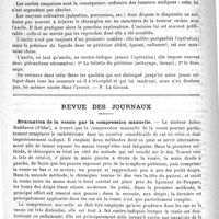 0614 - Page 610 - Bibliothèque. Les épanchements du péritoine dans les tumeurs de l'appareil génital interne de la femme (ascite et tumeurs de l'abdomen). - Steinheil, 1889 [P. Le Gendre] / Revue des journaux. Evacuation de la vessie par la compression manuelle (The Lancet, 3 mars 1889, p. 495)