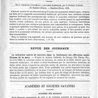 0771 - Page 767 - Hôpital de la Pitié. - M. Lancereaux. Les parasites de l'encéphale. - Cysticerque ladrique du tissu cellulaire sous-cutané et de l'encéphale chez l'homme. Leçon recueillie par M. G. Bouisson / Bibliothèque. De la pneumonie infectieuse à caractère épidémique, par le Docteur Lardier... Rambervilliers, 1888 / Revue des journaux. Le salicylate neutre de mercure dans le traitement des affections syphilitiques de la peau (The Therap. Gaz., 15 avril 1889) / Académies et sociétés savantes. Académie des sciences